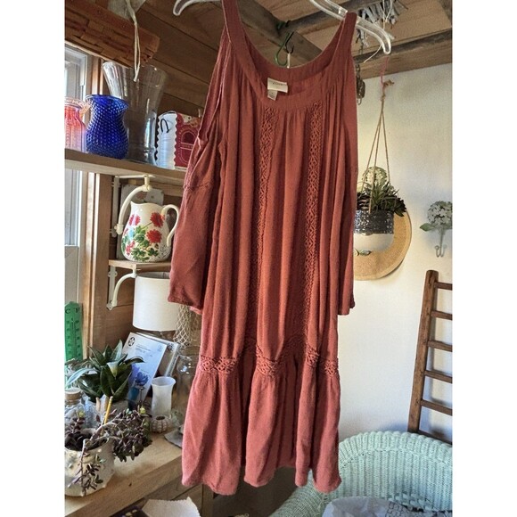 Knox Rose Dusty Rose Color Peek A Boo Shoulder Dress Hippie Boho Garden Size L - Picture 3 of 8